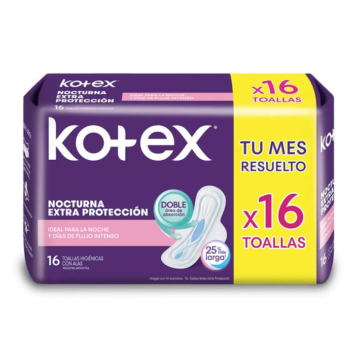 TOALLA FEMENINA KOTEX NOCTURNA EXTRA PROTECCIÓN 16UN.